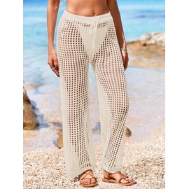 BreathSunny Womens Crochet Open Knit Tie Drawstring Swimsuit Coverup Pants Summer 2025 Trendy Elastic Waist Mesh Swimwear Coverups Beach Swim Bathing Suit Cover Up Long Pant Cream White M
