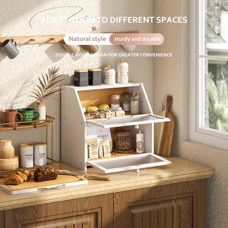 STDDRE Bamboo Bread Box with Cutting Board, Double Layer Extra