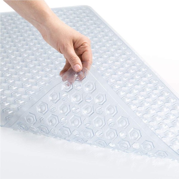 Gorilla Grip Patented Shower and Bath Mat, 35x16, Machine Washable Bathtub Mats, Extra Large Tub Rug with Drain Holes and Suction Cups to Keep Floor Clean, Soft on Feet, Bathroom Accessories, Clear