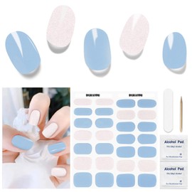 DUKASOU Semi Cured Gel Nail Strips, 28 Pcs Gel Nail Stickers Full Nail Wraps Work with Any UV Nail Lamps, DIY Gel Nail Strips for Home, Includes Prep Pads, Nail File & Wood Stick(Sky Blue)