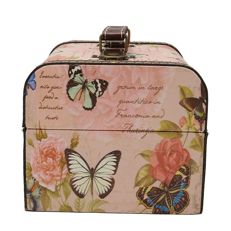 Treasure Chest Box Pink Butterfly Pattern Exquisite Retro Wooden PU