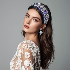 HNYYX Blue Rhinestone Baroque Headband, Vintage Crystal Padded Hairband, Fashionable Gemstone Hair Accessories, Women's Daily Headwear