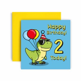 Huxters 2nd Birthday Card – Dinosaur Birthday Cards for Boys – T Rex Dinosaur Happy Birthday Card – Birthday Card for Son or Daughter Brother Sister Friend Birthday Card Envelope (2nd)
