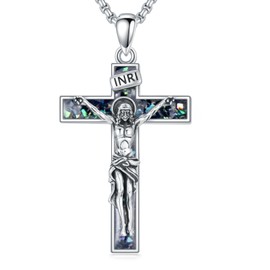 PROESS Crucifix Cross Necklace for Men Women Sterling Silver Cross Jesus Pendant Abalone Shell Necklace Religious Jewelry for Thanksgiving Christmas