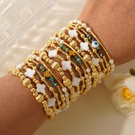 SHINUS BOHO Evil Eye Clover Pearl 14K Gold Beaded Bracelet Stack for Women,Dainty Bohemian Latern Beads Protection Stackable Bracelets Set Fashion Prom Holiday Accessories Jewelry Gift Friendship