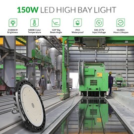 Flakeeper LED High Bay Light 150W, 22500 LM with US Plug 5ft Cable, 5000K Daylight, IP65 Waterproof, UFO LED Shop Lights for Warehouse Workshop Factory Barn Garage Area Lighting Fixture