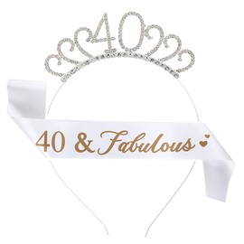 IRYNA 40th Birthday Sash and Tiara for Women 40th Birthday Decoration Crystal Crown Tiara and 40 & Fabulous Birthday Sash 40th Birthday Costume Set for 40th Birthday Party Decorations