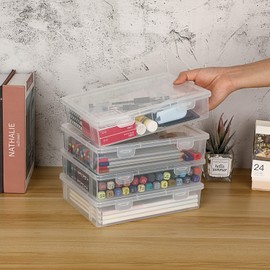 BTSKY Clear Plastic Storage Box with Flap Lid, Multipurpose Craft Organizers and Storage Box Art Supply Storage Organizer Plastic Sewing Box for Beads Pencils Notebooks, 4 Pack Small