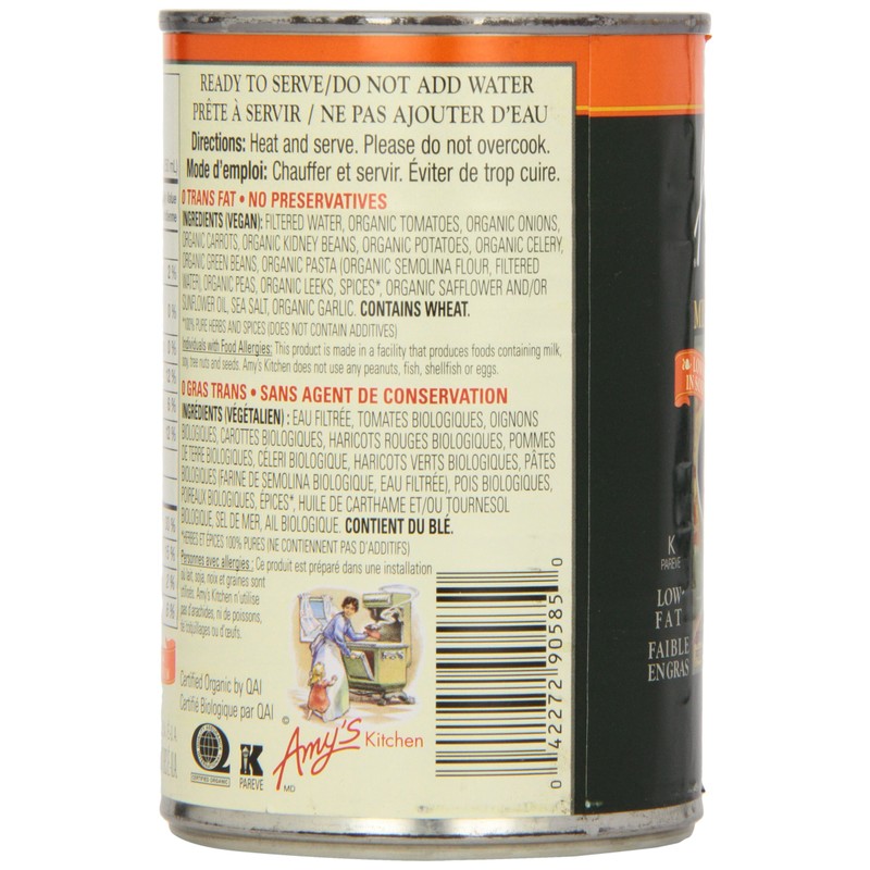 Amy'S Kitchen Organic Light In Sodium Minestrone Soup, 398 ml