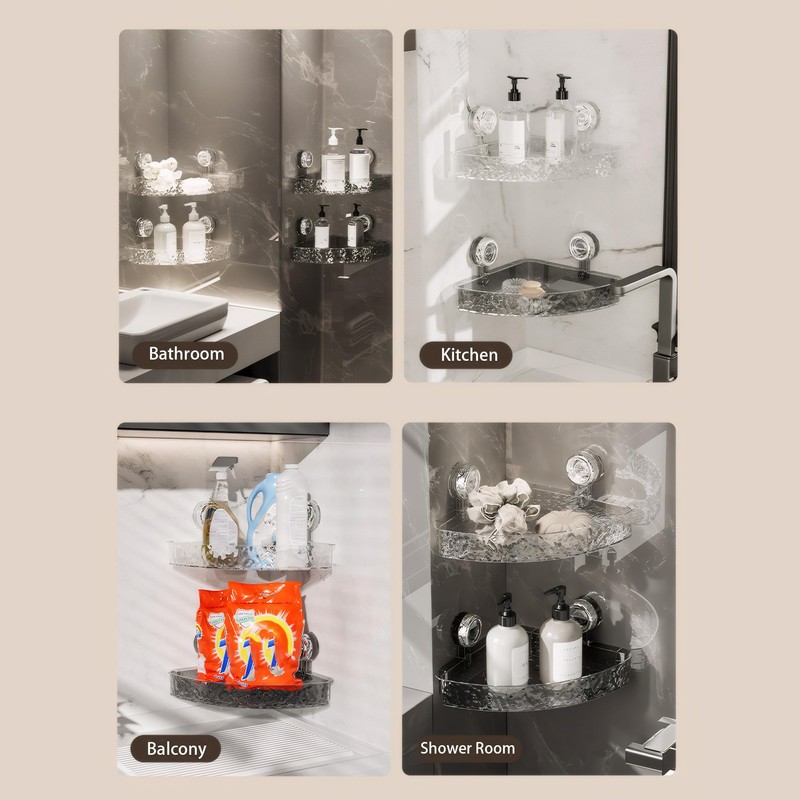 SESLEL No-Drill Suction Cup Corner Shower Caddy, Clear Plastic Corrugated