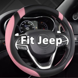 West Llama Customized Auto Car Steering Wheel Cover for Jeep Grand Cherokee,Wrangler,Compass,Gladiator,Cherokee 14.5-15 inches (Black+Pink-Standard Size)