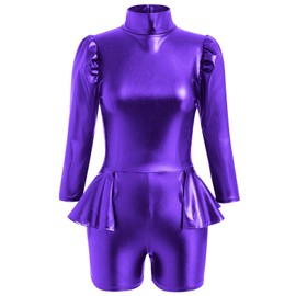 IBAKOM Women Shiny Metallic Leotard Mock Neck Half Peplum Gymnastics Leotard Adult Ballet Dance Leotard Acrobat Trapeze Artist Carnival Disco Costume Spandex Rave Party Bodysuit Purple M