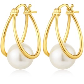 Miaofu Cat Stud Earrings, Pearl Earrings 18K White Gold, Plated 925 Sterling Silver Pearl Earrings, Hypoallergenic Pearl Earrings Hanging with Zirconia 8 - 13 mm Precious Jewellery for Women, Sterling Silver, Pearl