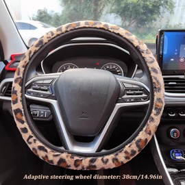 Steering Wheel Cover Car, Steering Wheel Cover with Leopard Print for Women, Leopard Car Accessories, Steering Wheel Cover, Car Summer and Winter Accessories, Brown, Suitable for 14-15 Inch Steering