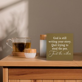 Luipk God Is Still Writing Your Story,Wood Box Sign Desk Decor, Christian Scripture Bible Verse Prayer Room Earthy Yellow Decor Wooden Block Sign Decorations for Home Office Wall Tabletop Shelf