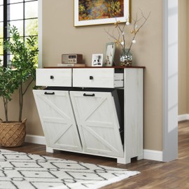 KEIKI Farmhouse Double Tilt Out Trash Cabinet with Hidden Drawers & Waterproof Tabletop, Holds 2 x10-Gallon Bins, Freestanding Recycling Storage Sorter Cabinet for Kitchen, Laundry, Living Room