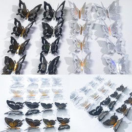 Ewong 3D Butterfly Wall Decoration, 48 Pcs PVC Butterfly Wall Decals Removable Waterproof Sticker Mural Art Home Bedroom Bathroom Office Birthday Party Decor (Silver Gold White Black)