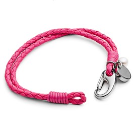 Tribal Steel Women's 2-Strand Leather Charm Bracelet with Freshwater Pearl Charm - Stainless Steel Shrimp Clasp (19cm - Standard, Vivid Pink)
