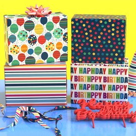 MotiGiftie Birthday Wrapping Paper for Boys Girls Women Men,12 Sheets Gift Wrapping Paper with “Happy Birthday” Polka Dots, Balloons, Colorful Stripes - Holiday Gift Wrap 20×28 Inch