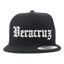 Trendy Apparel Shop Old English Veracruz White Embroidered Flatbill Snapback Baseball Cap- Black