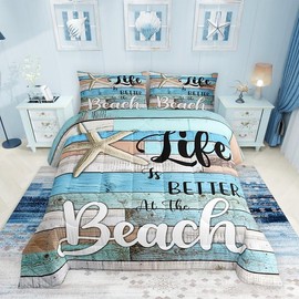 Manfei Beach Life Comforter Set King Size, Life is Better at The Beach Bedding Set 3pcs, Rustic Farmhouse Blue Wooden Plank Down Comforter, Kids Teens Adults Room Decor, 2 Pillowcases, No Sheets