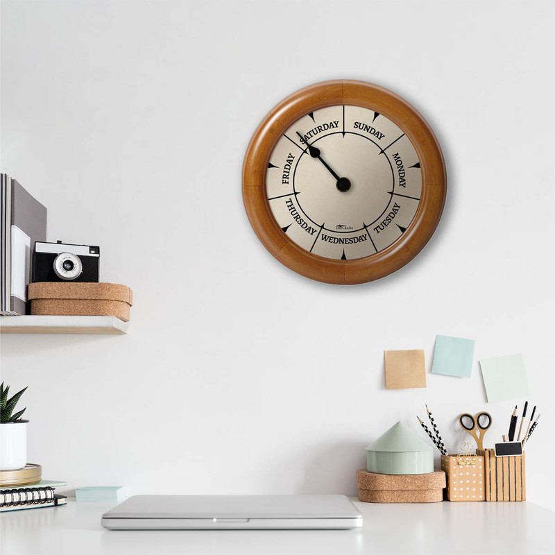 DayClocks Classic Week-Day Wall Clock with Solid Wood-Round Frame –