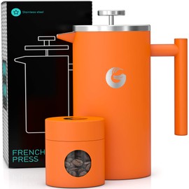 Coffee Gator French Press Coffee Maker 34oz, Double Insulated Stainless Steel Brewer plus Travel Jar Canister, Portable Hot Cold Brew Tea for Coffee Bar Accessories Kitchen Camping, Orange