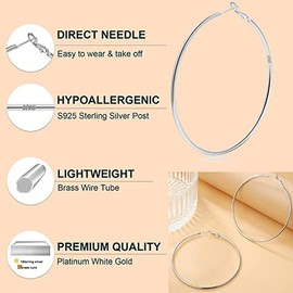 Silver Hoops Earrings for Women, 4 Pairs S925 Silver Thin Hoop Earrings Set, Hypoallergenic Oversize Earrings Jewelry for Women Girls Birthday(Size: 30/40/50/60mm)