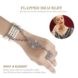 Metme 1920s Flapper Bracelet Ring Set Gatsby Accessories Imitation Pearl Crystal Bracelet Adjustable Ring