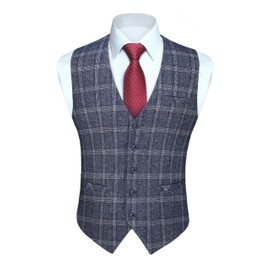 HISDERN Men's Waistcoats Blue Plaid Waistcoat Formal Classic Wedding Casual Check Suit Vest with Pockets XL