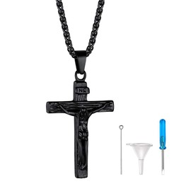 GOLDCHIC JEWELRY Mens Jesus Cross Necklace For Ash, Black Cremation Urns for Ashes Crosses and Crucifixes INRI Jewellery