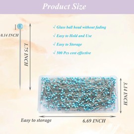 500 PCS Quilting Pins, 1.75IN Straight Pins Long Blue Glass Ball Head Sewing Pins for Fabric, Stainless Steel Dressmaker for Sewing, Crafts, Jewelry Making, DIY