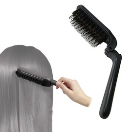 PrimeBlis Hair Brush, Comb, Foldable Pig Hair Portable Brush for Scalp Massage, Shiny and Smooth Hair, Suitable for All Hair Types, Unisex (Black)