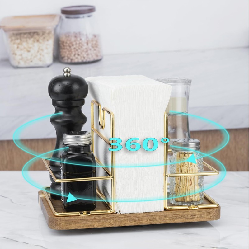 Napkin Holder for Table, Wood Base Rotating Napkin Holder with