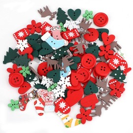 Pack of 100 Christmas Wooden Buttons Sewing Craft Buttons Mini Christmas Socks Snowflake Heart Christmas Tree Mixed Patterns for DIY Scrapbooking Buttons Christmas Decoration