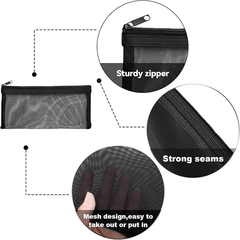 5Pcs Mesh Zipper Pencil Pouch Set, Black Nylon Pencil Case