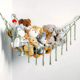 YKBU Stuffed Animals Hammock Corner Hanging Net for Stuffed Animal Storage Plush Toy Holder Toy Organizer for Boho Nursery Playroom Bedroom Kids Room (Green, Large)