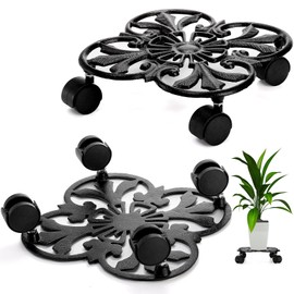 Goaste Cast Iron Plant Trolley, Heavy Duty Plant Stand, Rustic Style Plant Caddy with 4 Rolling Wheels for Outdoor Indoor Large Plant Flower Pot, Load Capacity 330 Lbs(Black)