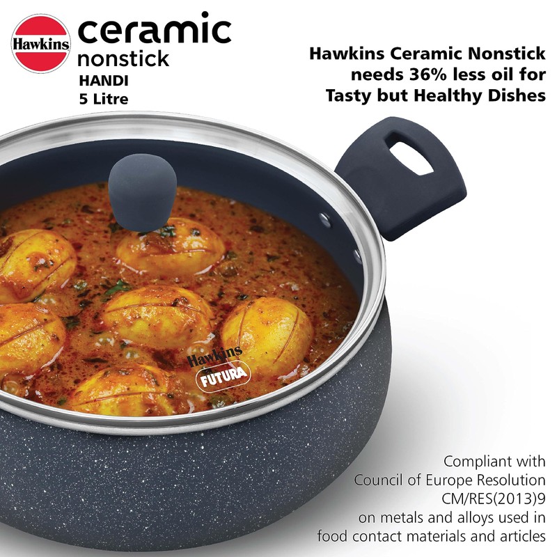 Hawkins Ceramic Nonstick Handi, 5 Litre, Induction Biryani Pot, Granite