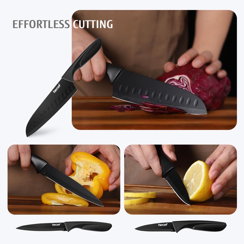 hecef Black Kitchen Knife Set of 3, Sharp Knives with