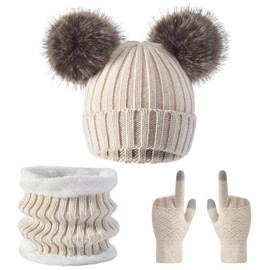 Women Beanie Hat Scarf Gloves Set Winter Warm Soft Thick Fleece Lining Knit Skull Cap with Cute Double Fur Pom Pom Beige Touchscreen Ladies Cold Weather Snow Accessories Crochet