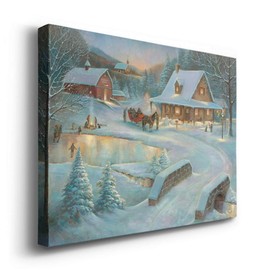 Renditions Gallery Country Winter Wall Art, Picturesque Christmas Scene, People Ice Skating, Snow Covered Barn, Premium Gallery Wrapped Canvas Decor, Ready to Hang, 24 in H x 36 in W, Made in America