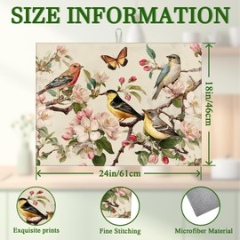 Vintage Birds Floral Branches Dish Drying Mat for Kitchen Counter Spring Flowers Absorbent Microfiber Dish Drainer Mats Reusable Washable Dishes Draining Rack Pad 18x24 Inch