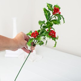 Factory Direct Craft Holly Plastic Floral Picks (12 Pieces) - Holly and Berries for Christmas Tree Decorations Holiday Winter Seasonal Home Decor
