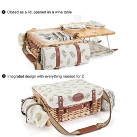 Multifunctional Wicker Picnic Basket Set for 2 with Blanket and Picnic Table, Insulated Picnic Set with Full Tablewares for Camping Outdoor Couples,Leaf