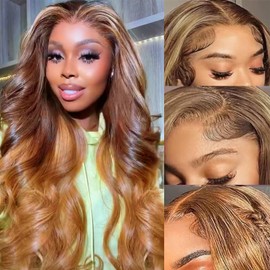 Ombre Lace Front Wig Human Hair 4/27 Colored 13x4 HD Transparent Lace Frontal Wigs Human Hair Glueless Highlight Honey Blonde Body Wave Frontal Wigs for Women Pre Plucked with Baby Hair 28 Inch