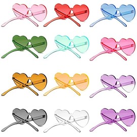 DAJOOEE HeLove Heart Shaped Rimless Sunglasses Jelly Fudge Series Heart Bachelorette Party Cool Sunglasses Set of 12 Transparent Plastic Colourful, Colour
