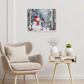 EOBTAIN Winter Snowman Canvas Wall Art Bathroom Rustic Wooderland Red Berry and Snowman with Cardinal Framed Wall Art Farmhouse Wall Canvas Decor for Living Room Bedroom,16x12 Inches,Christmas Gifts