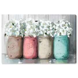 Wynwood Studio Botanical Wall Art Canvas Prints 'Mason Jar Turquoise' Florals Home Décor, 36" x 24", White, Pink