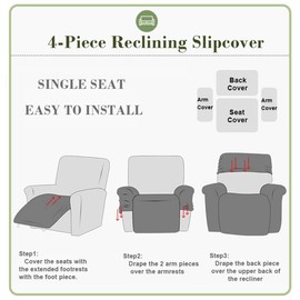 vctops 4 Pieces Waterproof Faux PU Leather Recliner Slipcovers Stretch Soft Sofa Couch Cover Anti-Slip Furniture Protector with Elastic Bottom for Kids Cats Dogs(Grey,1 Seat)